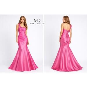 Mac Duggal Pink One-Shoulder Mermaid Gown Lace-Up Corset Back Ruched Formal 16